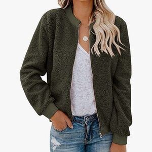 NEW XL MIROL Fall Fleece Bomber Jacket Sherpa Zip Up Coat Fuzzy Army Green